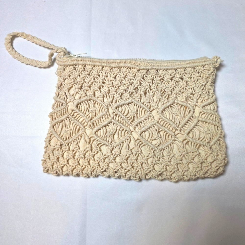 Unbranded Cream Macrame Wristlet Clutch Bag Boho Geometric Knotted Zipper‎ Pouch - Picture 3 of 6